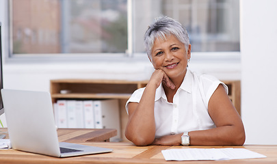 Image showing Office, portrait and mature woman on laptop for career management, planning and working with professional mindset. Happy face of indian person, worker or business employee on computer in workplace