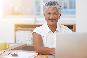 Image showing Portrait, laptop and senior woman in office smile for career management, digital administration and planning. Happy face of biracial business person, manager or employee working at desk on computer