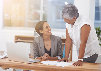 Image showing Business women, desk and talking in office for planning, training or advice. Manager or coach and employee together for discussion, collaboration or teamwork with a laptop and paperwork at workplace