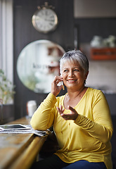 Image showing Phone call communication, cafe and elderly woman speaking on smartphone discussion, conversation or restaurant chat. Networking, coffee shop customer or senior female client talking in retail store