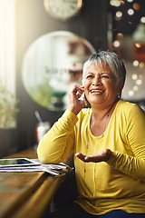 Image showing Phone call, cafe and elderly happy woman talking on cellphone discussion, communication or restaurant conversation. Communication, coffee shop customer and senior female client consulting in store