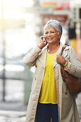 Image showing Phone call conversation, walking and elderly woman talking on cellphone discussion, communication or chat. Sidewalk, urban city commute and senior female person consulting with mobile contact