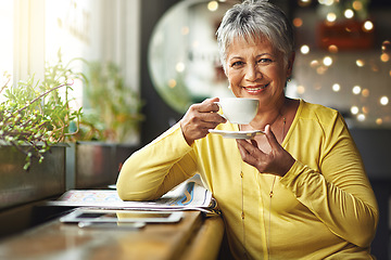 Image showing Coffee shop, portrait and happy senior woman with morning tea, hot chocolate or cup of espresso, latte or warm drink. Happiness, relax and elderly person, female client or customer in restaurant cafe