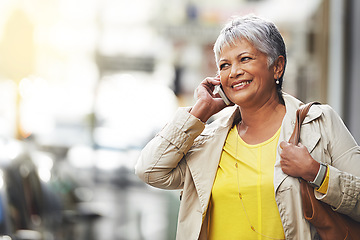 Image showing Phone call, conversation and elderly happy woman on urban city commute, travel and talking to cellphone contact. Communication mockup, walking and senior person consulting, speaking or chat on mobile