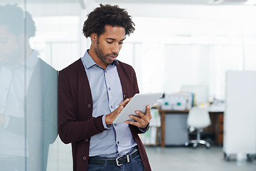 Image showing Research, digital tablet and black man in office for planning, email and schedule management. Search, browse and african worker online for business marketing, web and app for creative startup plan