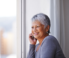 Image showing Phone call conversation, window view and elderly woman smile, communication and talking to retirement contact. Listening, connection and senior female person, lady or cellphone user chat on mobile