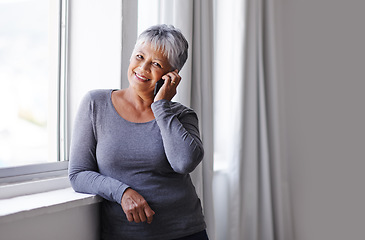 Image showing Phone call communication, smile and elderly woman talking, consulting and chat on mobile conversation, discussion or networking. Listening, relax and senior person talk to cellphone contact in Mexico