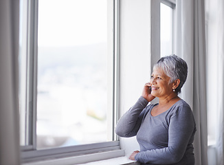 Image showing Phone call, window view and senior happy woman speaking, smile and talking to Mexico retirement contact. Listening, happiness and elderly person, lady or female smartphone user consulting on mobile