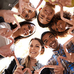 Image showing Finger star, circle and portrait of friends with diversity, unity and collaboration with a low angle. Teamwork, smile and group of multiracial people in huddle together for solidarity and community.