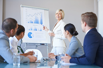 Image showing People in a business meeting, presentation with data analytics and woman speaker, leadership and graphs. Analysis of research in seminar in conference room with corporate group in collaboration