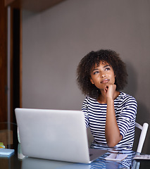 Image showing Laptop, thinking and woman with ideas for online learning, university choice or education vision in remote opportunity. Young african person or creative student for inspiration or decision on college