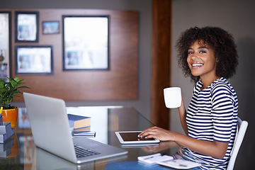 Image showing Laptop, tablet and portrait of woman with coffee for work from home opportunity, freelancer career and happy job. Face of young African person on multimedia or digital project and tea for inspiration