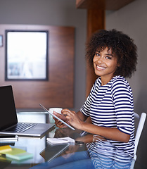 Image showing Technology, tablet and portrait of woman in work from home opportunity, multimedia freelancer career and happy job. Face of young African person on digital software for project planning and research