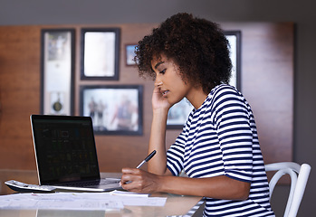 Image showing Laptop, writing and woman with work from home budget, financial management and taxes paperwork at desk. Focus, research and calculator of african person on computer screen, notes or finance documents