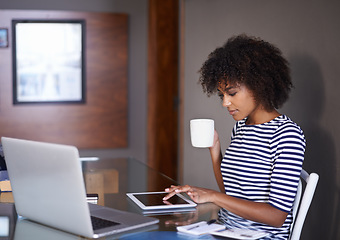 Image showing Laptop, tablet and woman with coffee for work from home opportunity, freelancer career and multimedia planning. African person or remote worker drinking tea with inspiration for digital tech project