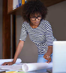 Image showing Blueprint, focus and designer woman on laptop in digital planning, project brainstorming and focus. African person on floor plan or architecture documents for problem solving or solution on computer