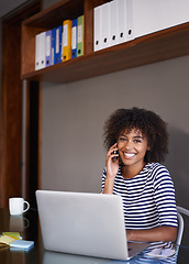 Image showing Laptop, portrait and woman on phone call for office networking, virtual planning and productivity. Happy, young african person, worker or employee with cellphone communication and working on computer