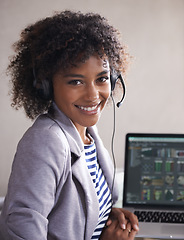 Image showing Portrait, call center and woman on laptop for virtual communication, technical support or tech advice on screen. Face of professional agent, business consultant or happy, african person on computer