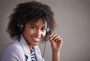 Image showing Portrait, call center and happy woman in headset and virtual communication, technical support or talking online. Professional agent, consultant or face of African business person in telemarketing job