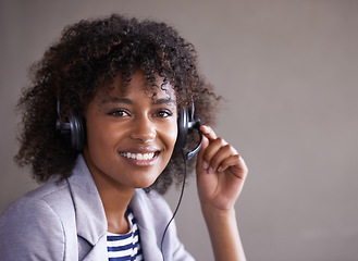 Image showing Call center, portrait and woman in headset and happy virtual communication, technical support or client online chat. Professional agent, consultant or face of african business person in telemarketing