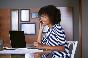 Image showing Phone call, budget and woman with work from home communication, financial writing and planning on laptop. African person talking on cellphone for loan, taxes and bank information with computer screen