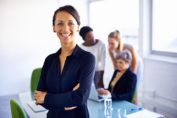 Image showing Portrait, corporate and woman with arms crossed, happy and startup with management, teamwork or profit growth. Face, female leader or employee with staff, group or planning in the office and workshop