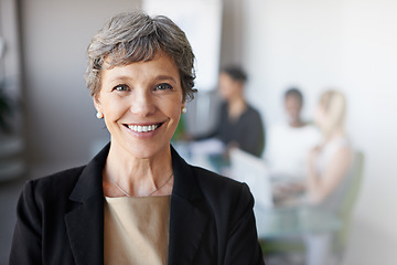 Image showing Portrait, corporate and mature woman with happiness, meeting and management with skills, confident and a smile at the workplace. Face, happy female person or manager with joy, success or professional