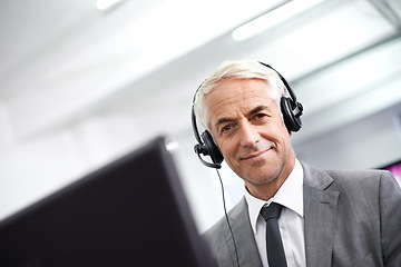 Image showing Portrait, call center and senior man with telemarketing, consultation and communication with a headset. Face, male consultant and happy employee with headphones, tech support and friendly service