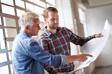 Image showing Employees, talking and men with a blueprint, contract and planning for a new project, discussion and architecture. Male engineer, mature client and coworkers with ideas, pointing and brainstorming