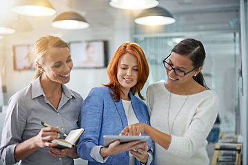 Image showing Collaboration, tablet and strategy with a business team doing research together in their office at work. Teamwork, planning and corporate partnership with a women employee group working online