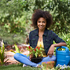 Image showing Black woman in garden, smile while gardening with plant or flower, botany and young gardener in portrait outdoor. Happy female person with green fingers, growth and plants in nature with landscaping