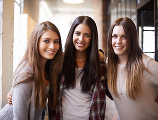 Image showing University, education and portrait of women with smile ready for studying, class and learning together. Friendship, scholarship and happy female students in school, academy and college hallway