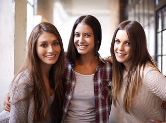 Image showing Education, college and portrait of women with smile for studying, class and learning together on campus. Friendship, scholarship and happy female students in school, academy and university hallway