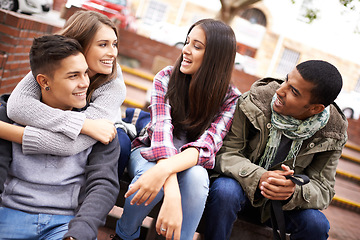 Image showing University, friends and men and women on campus in conversation, talking and chatting outdoors. Diversity, learning and happy group of students bonding for education at school, academy and college