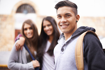 Image showing Education, university and portrait of man on campus ready for studying, education and learning together. Diversity, scholarship and happy male and women students smile for school, academy and college