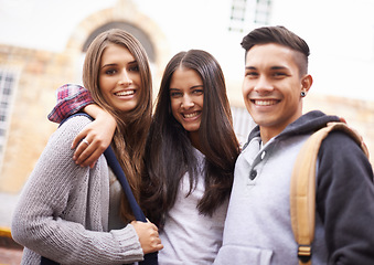 Image showing University, campus and portrait of man and women ready for studying, education and learning together. Diversity, friendship and happy students hug and smile for school, academy and community college