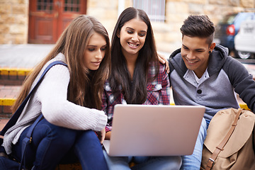 Image showing Students with laptop on campus steps, research and online education in college with diversity. Learning, studying and happy friends at university with smile, internet project and future opportunity.