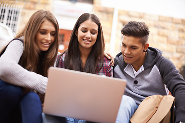 Image showing Students with laptop, group project on campus steps and online education in college with diversity. Learning, studying and happy friends at university, internet research and sharing social media post