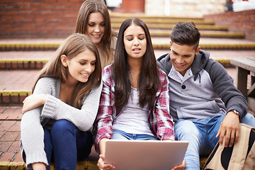 Image showing Students, internet results and laptop on campus steps, happiness and online education in college with diversity. Learning, studying and friends at university, team feedback on group project research.