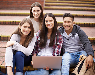 Image showing University, laptop and portrait of students on campus for studying, learning and research for group project. Friends, education and man and women students on computer for school, academy and college