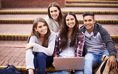 Image showing University, education and portrait of students with laptop for group project, studying and online learning. Diversity, friends and man and women on computer for knowledge, school and college research