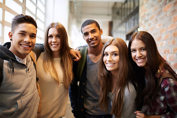 Image showing University, happy and portrait of people on campus ready for studying, education and learning together. Diversity, scholarship and happy men and women students smile for school, academy and college