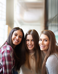 Image showing University, friends and portrait of women smile on campus ready to study, friendship and learning together. Education, scholarship and happy female students excited for school, academy and college