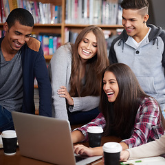 Image showing Education, happy and people in library on laptop for social media, online learning and meme. University, diversity and happy men and women students on computer for knowledge, internet and website