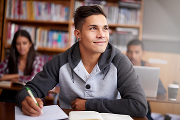 Image showing Study, thinking and notebook with man in library for education, research and classroom quiz. Focus, learning and school with male student on university campus for knowledge, scholarship and project