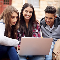 Image showing Students, laptop and research on campus for group project, diversity and online education in college. Learning, studying and happy friends at university with smile, internet and future opportunity.