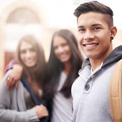 Image showing Education, university and portrait of man with smile ready for studying, education and learning together. Friends, scholarship and happy male and women students smile for school, academy and college