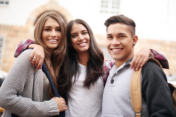 Image showing Education, happy and portrait of people at university ready for studying, community and learning together. Diversity, scholarship and men and women students smile for school, academy and college