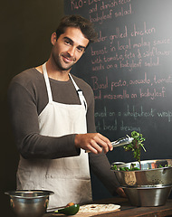 Image showing Chef, man and portrait with salad in kitchen for delicious meal, healthy diet and nutrition. Cooking, vegetables and male cook preparing vegan food for fine dining in restaurant or small business.