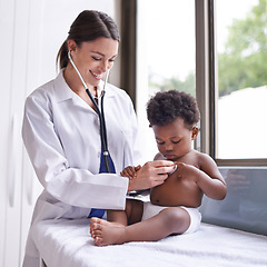 Image showing Doctor woman check baby boy heart with stethoscope, pediatric cardiology and health with childhood development. Female pediatrician, African and male toddler in medical checkup at clinic or hospital